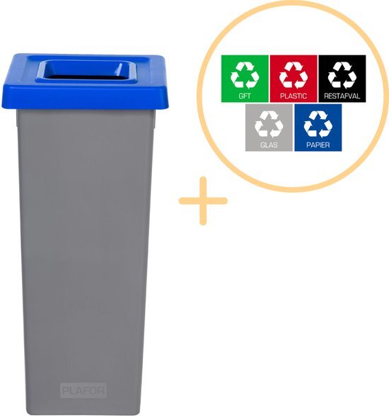Plafor Fit Bin, Prullenbak voor afvalscheiding - 53L – Grijs/Blauw - Inclusief 5-delige Stickerset - Afvalbak voor gemakkelijk Afval Scheiden en Recycling - Afvalemmer - Vuilnisbak voor Huishouden, Keuken en Kantoor - Afvalbakken - Recyclen