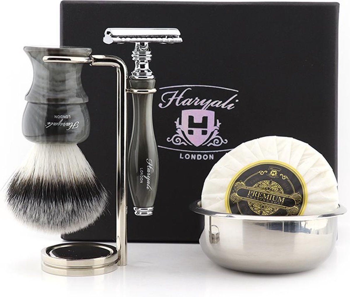 Haryali London EEN COMPLEET HET SCHEREN IN GRIJZE HOORN KLEUR. CADEAU VOOR HEM (Men Shaving Set)