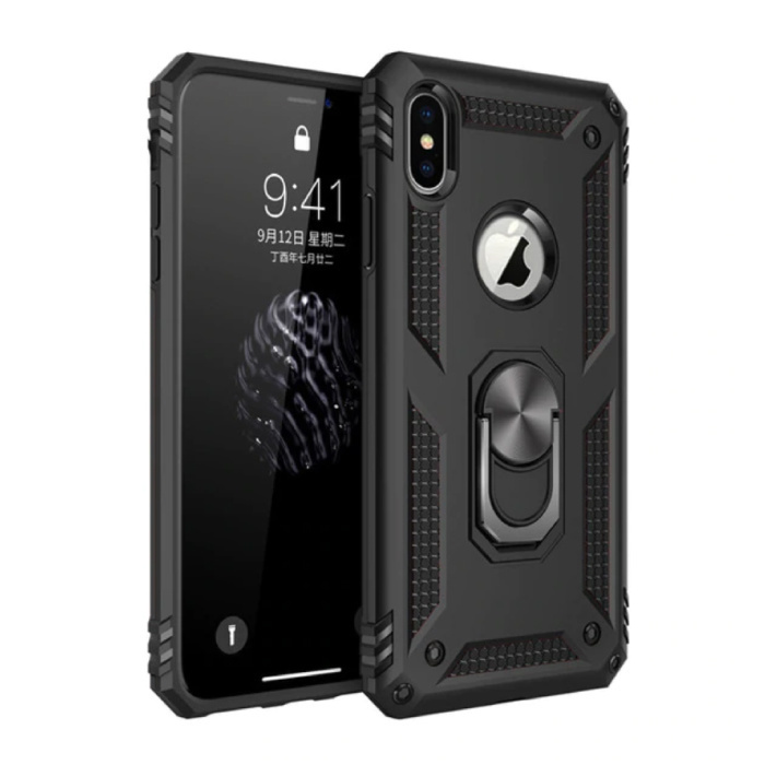 R-JUST iPhone X Hoesje - Shockproof Case Cover Cas TPU Zwart + Kickstand