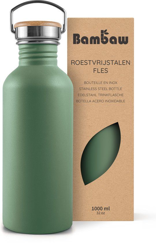 Bambaw® Waterfles 1 liter - Enkelwandige drinkfles - Lekvrij, Plasticvrij met Bamboe Dop - Waterflessen Volwassenen - Waterfles RVS - Perfect voor Reizen, Wandelen, Dagelijks Gebruik, Kamperen - Water Fles - Camping - Groen