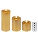 Lumineo 3-delig realistische led kaars met wax pit en vlam effect ø7.5 hoogte 9,5-13,5-20cm goud met timer werkt op afstandsbediening en batterij