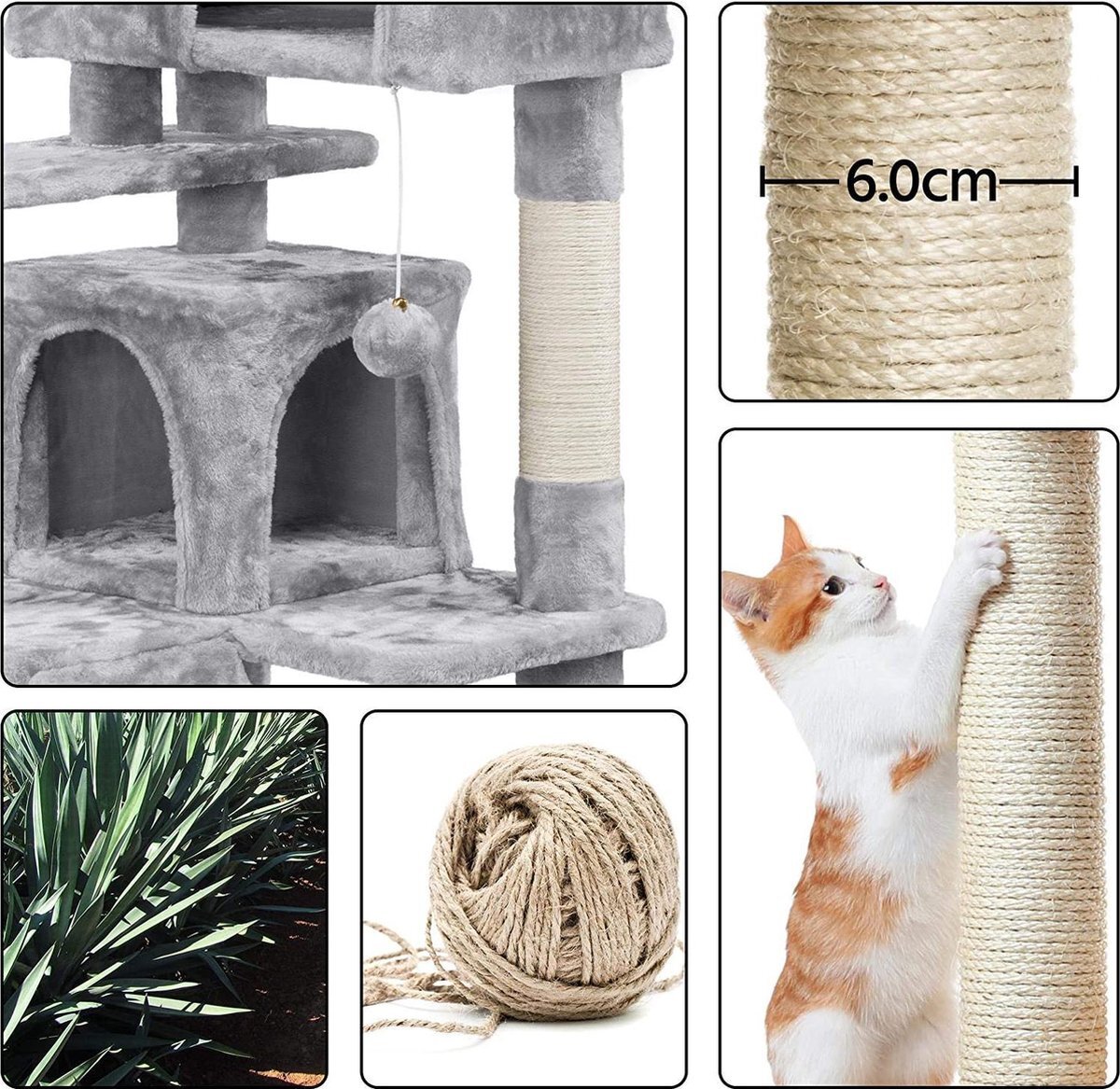 KIARA kattenkrabpaal kattenboom speelboom met touw en diverse platformen 130 cm hoog, lichtgrijs Lichtgrijs
