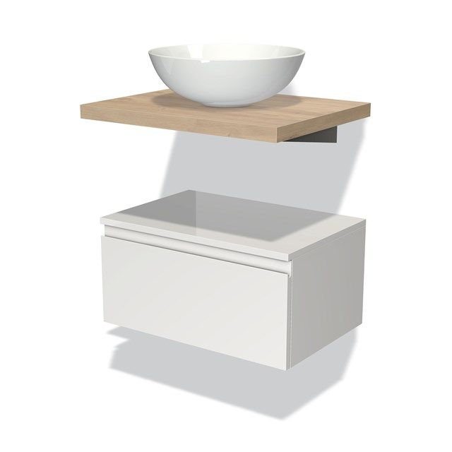 Maxaro Badkamermeubel Modulo Plato 60cm Hoogglans Wit 1 Lade Lichtbruin Eiken