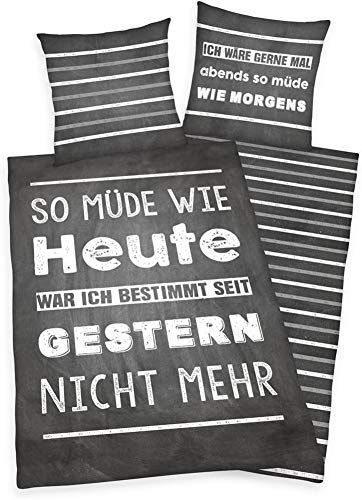 HERDING Young Collection Bedding Set - Reversible Design with Quote - Duvet Cover 135 x 200 cm, Pillowcase 80 x 80 cm, Grey