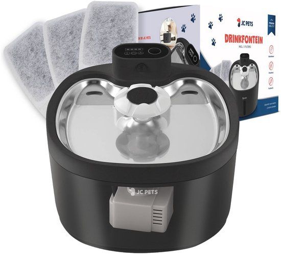 JC Pets Premium Drinkfontein voor Kat en Hond - Draadloze Waterfontein met Sensor - Katten Fontein - Waterbak Automatisch - RVS - Fluisterstil - Inclusief 3 filters - Zwart & Transparant