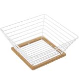 DRW DRW Fruitschaal van metaal en hout in wit en natuur, 25 x 25 x 10 cm, rooster 15 x 15 cm