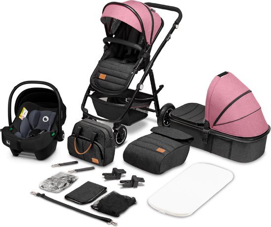 Lionelo Amber kinderwagen 3-in-1 combikinderwagen set sportieve stoel vaste babykuip autostoel tas muggennet regenbescherming XXL-dak met zonwering (roze)