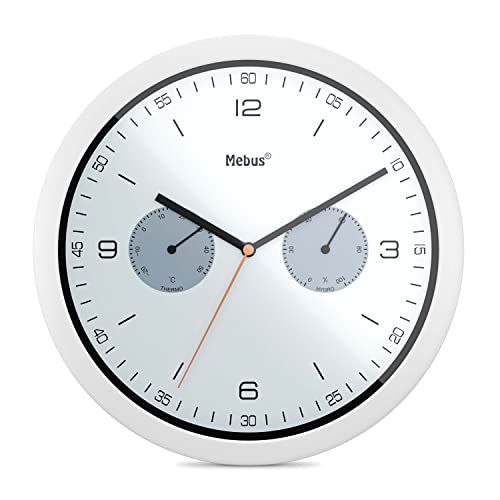 Mebus Kwarts wandklok met thermometer en hygrometer - wit - 26 cm