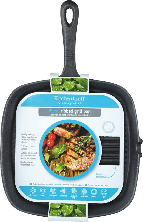KitchenCraft KC Blue Vierkante Gietijzeren Grillpan - 23cm - Zwart