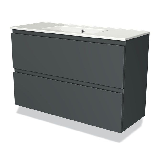 Maxaro Badkamermeubel 100cm Modulo Slim Donkergrijs 2 Lades Greeploos Wastafel Keramiek