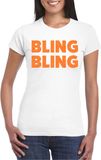 Bellatio Decorations Verkleed shirt voor dames - bling - wit - oranje glitter - carnaval/themafeest S