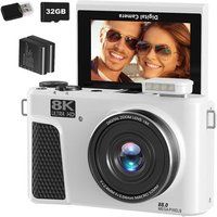 SZSMART WD3 8K 88MP autofocus vlogcamera met wifi, 3 inch 180° kantelbaar scherm en 18x zoom, 32 GB + 2 batterijen - Wit