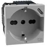 BTICINO MatixGO JG4140A16USB Italiaans Schuko-stopcontact P40 + USB-oplader type C, Quick Charge, stopcontact met beschermde honingraats, compatibel met Italiaanse/geaarde stekkers, 2 modules, grijs