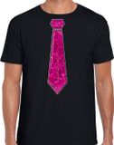 Bellatio Decorations Verkleed shirt heren - pailletten stropdas - roze/zwart - S