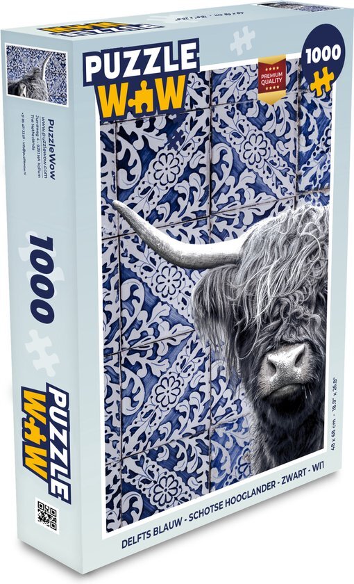 MuchoWow Puzzel Delfts blauw - Schotse hooglander - Zwart - Wit - Legpuzzel - Puzzel 1000 stukjes volwassenen