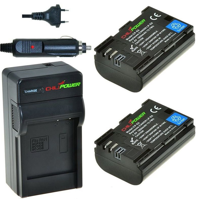 ChiliPower 2 x LP-E6 accu's voor Canon - inclusief oplader en autolader
