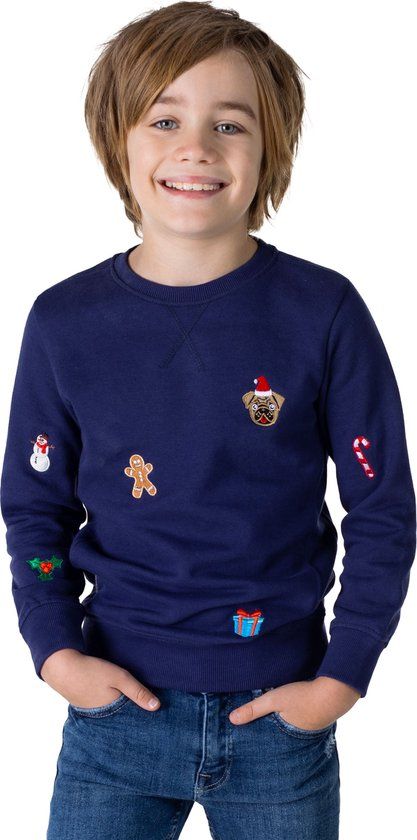 OppoSuits Deluxe X-Mas Icons - Navy - Kids Kerst Sweater - Maat 8 Jaar