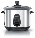 Arendo Cuiseur à riz, 1,5 litre, cuiseur vapeur, casserole de voyage avec fonction de maintien au chaud et accessoire de cuiseur vapeur, 500 W, insert de cuisson en acier inoxydable avec revêtement antiadhésif, couvercle en verre, argenté