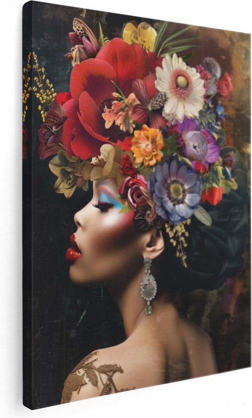 Artaza Canvas Schilderij Vrouw met Bloemen op haar Hoofd - 90x120 - Canvas Print