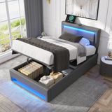 MODFU Gepolsterd bed 90x200 cm – USB (draadloos & bekabeld) – LED – Opbergruimte – PU grijs