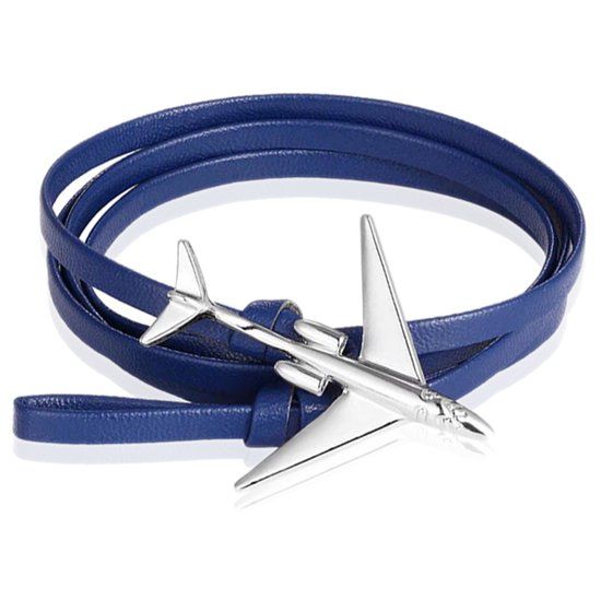 LGT JWLS LGT Jewels Wrap armband Heren Leer Vliegtuig Anker Blauw Zilverkleurig