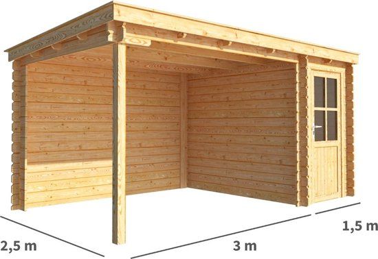 Merkloos Blokhut met overkapping Els 450 cm bij 250 cm diep Lessenaarsdak bruin