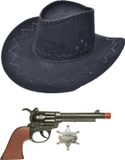 Rubies Carnaval verkleed hoed voor een cowboy - zwart - polyester - heren/dames - incl. pistool