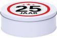 Merkloos Leeftijd Snoeptrommel - koektrommel Cadeau - wit - rond blik - met 25 jaar sticker - Cadeauverpakking - verjaardag