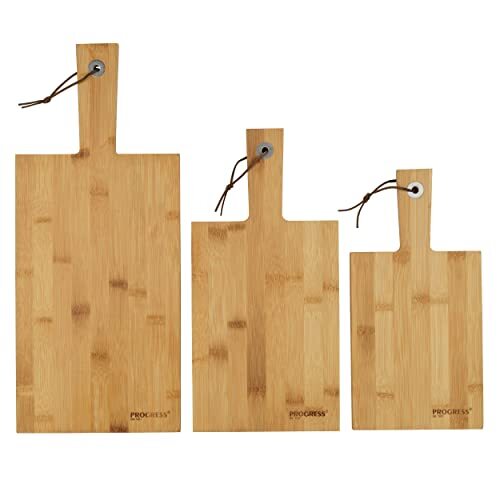 Progress BW05082 Bamboo Serving & Charcuterie Boards, 3 Piece Set, Rectangular Paddle Chopping Cutting Boards With Handles, 30, 35 & 45 cm, Leather Hanging Hooks, Protects Kitchen Worktops