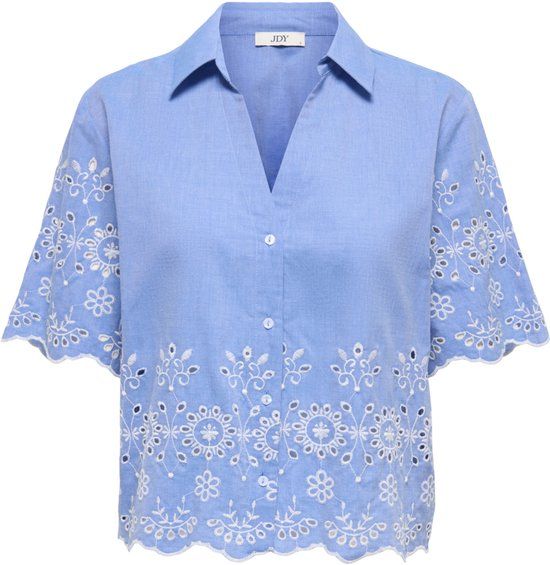 JDY Dames Blouse JDYMARINA 2/4 EMBROIDERY SHIRT WVN - Gebloemd - Katoen - Blauw Bonnet - Maat L