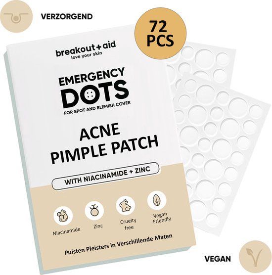 Breakout+aid® Emergency Pimple Patches 72 Stuks - Acne Patch - Puisten Pleister in Verschillende Maten - Doorzichtige en Huidvriendelijke Puisten Patch met Niacinamide + Zink