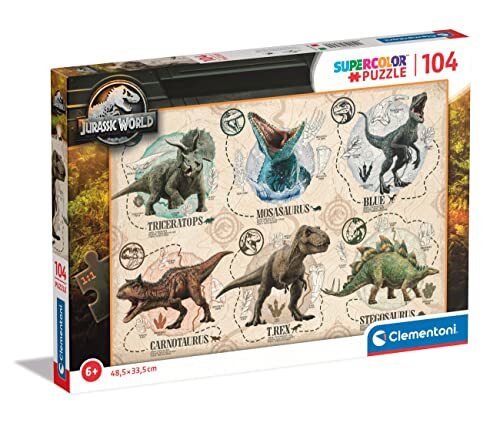 Clementoni 27179 Supercolor Jurassic World-puzzel, 104 delen, vanaf 6 jaar, kleurrijke kinderpuzzel met bijzondere helderheid en kleurintensiteit, behendigheidsspel voor kinderen