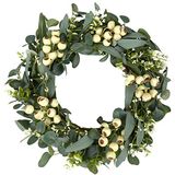 JINGHONG Groene eucalyptuskrans, kunstmatige eucalyptusbladeren krans met grote bessen, lente/zomer groene krans voor voordeur muur raam decor-50,8 cm