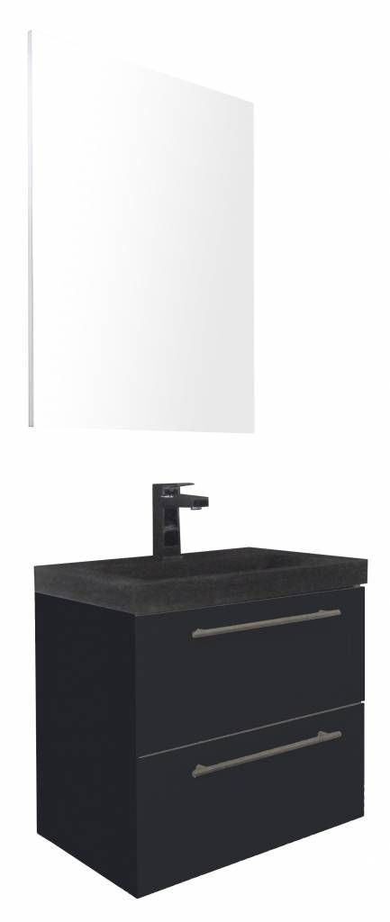 Badkamerplanet Badkamermeubel Trento Slim 60 cm Hoogglans Antraciet met Natuurstenen Wasbak