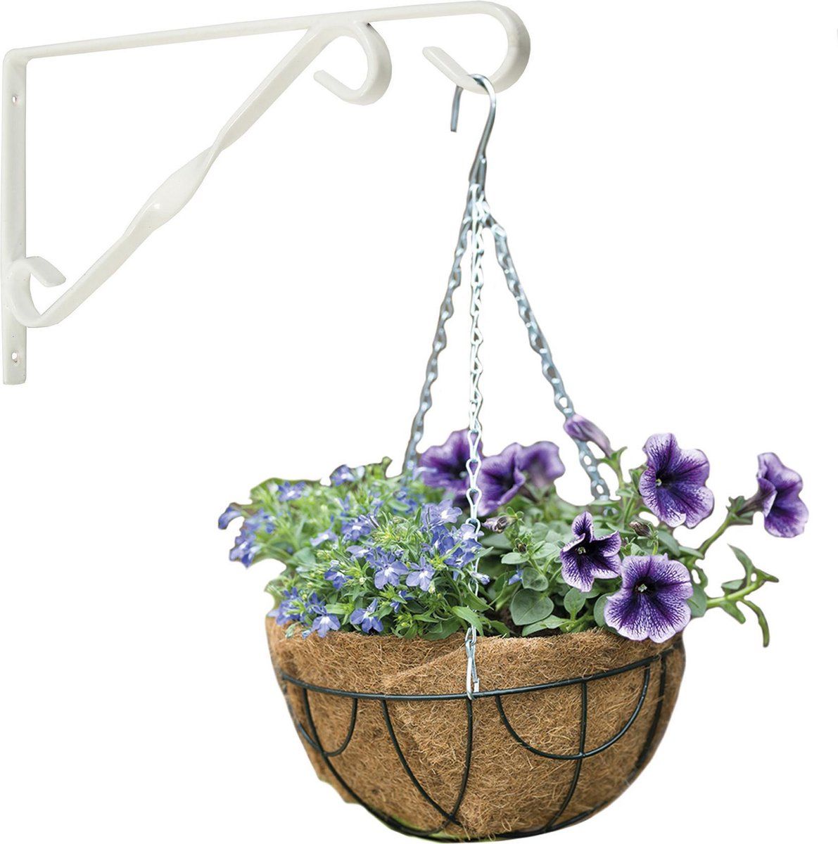 Nature Hanging Basket Dark Green 30 cm with Classic White Wall Hook and Coconut Liner - Metal - Hanging Flower Pot Set