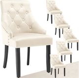 Tectake® - Set van 6 eetkamerstoelen Everdeen - Fluweellook, gestikt - Met armleuningen - Massieve houten poten - Crème / zwart
