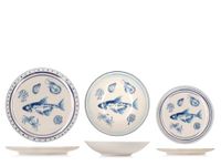 H&H Adriatic 18-delige Serviesset van Gedecoreerd Steengoed voor 6 Personen, Maritiem Design met Blauwe Vissen, Schaaldieren en Schelpen