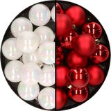 Decoris Kaemingk B.V. 32x stuks kunststof kerstballen mix van parelmoer wit en rood 4 cm