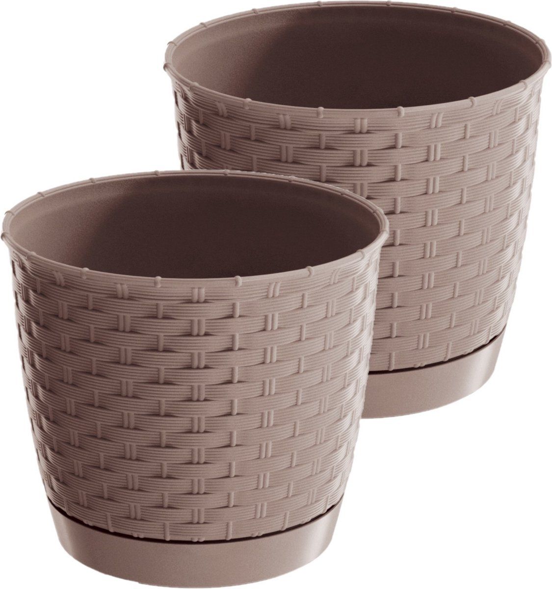 Prosperplast 2x ronde gevlochten plantenpotten/bloempotten kunststof taupe