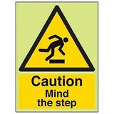 VSafety Glow In The Dark Caution Mind The Step Warning Sign - 150mm x 200mm - Rigid Plastic