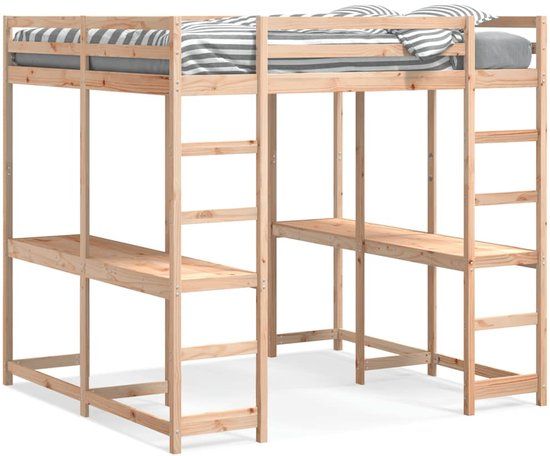 vidaXL Hoogslaper met bureau en ladder massief grenenhout 140x200 cm