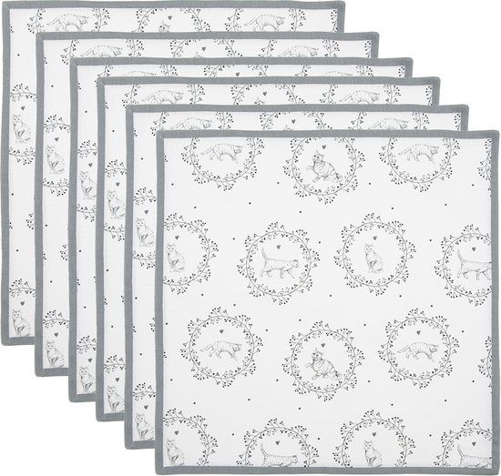 Clayre & Eef Servetten Katoen Set van 6 - 40x40 cm - Wit Grijs Kat
