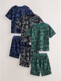 Next - Jongens - Set van 3 korte pyjama's (3-16 jaar) - Blauw/Grijs/Groen Camouflage
