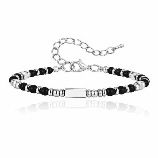 LGT JWLS Stalen Kralenarmband Zwarte Agaat Met Balkje