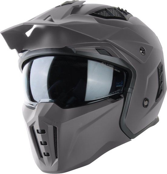 VINZ Helmets VINZ Kioto Street Fighter Helm met Zonnevizier - Jethelm met mondstuk - Scooterhelm & Motorhelm - Titanium Grijs - L