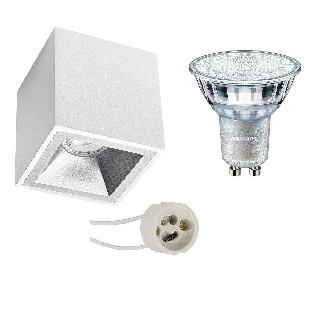 BES LED Opbouwspot Set - Pragmi Cliron Pro - GU10 Fitting - Opbouw Vierkant - Mat Wit/Zilver - Verdiept - 90mm - Philips - MASTER 927 36D VLE - 3.7W - Warm Wit 2200K-2700K - DimTone Dimbaar