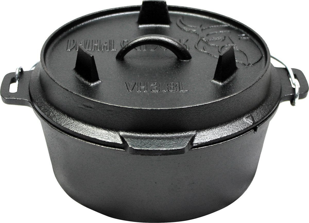 Valhal Outdoor Dutch Oven 3.8L - Gietijzer - zonder pootjes, thermometer uitsparing