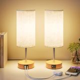 UPXNBOR Touch Nachtkastlampen Set van 2 met USB-A/USB-C-oplaadpoorten, Bureaulamp, Leeslamp, Touch dimbaar, 3 warmwitte lichtstanden, Linnen lampenkap, 1,5 m kabel, Houtkleur (E27-lamp inbegrepen)