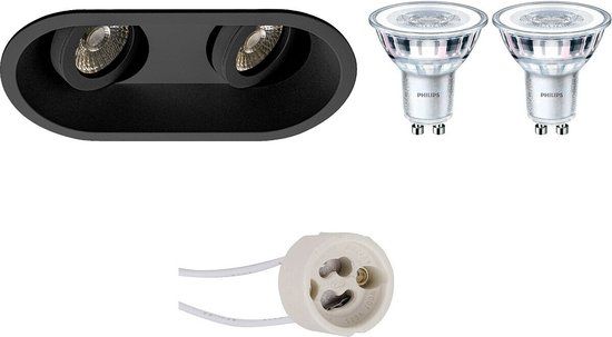 BES LED LED Spot Set - Pragmi Zano Pro - GU10 - Inbouw Ovaal Dubbel - Mat Zwart - Kantelbaar - Philips CorePro 830 36D - 4W - Warm Wit - Dimbaar