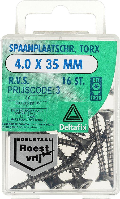 Deltafix Spaanplaatschroef platkop / torx r.v.s. a2 4.0 x 35 mm 16 st.